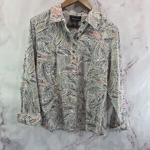 Foxcroft Shirt Womens 14 P Large Black Beige Button Up Wrinkle Free Non Iron